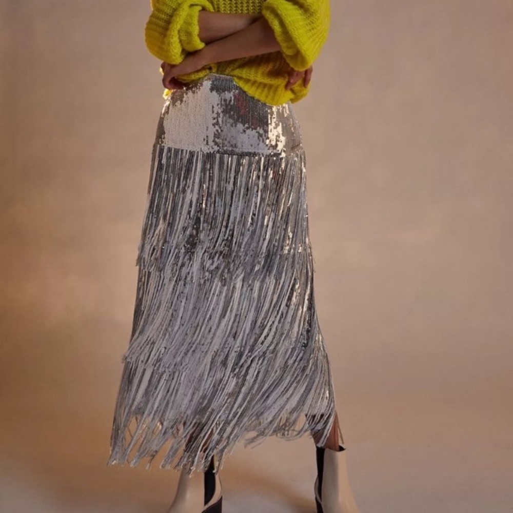 Anthropologie Silver Fringe Sequin Skirt Holiday NYE sold out!